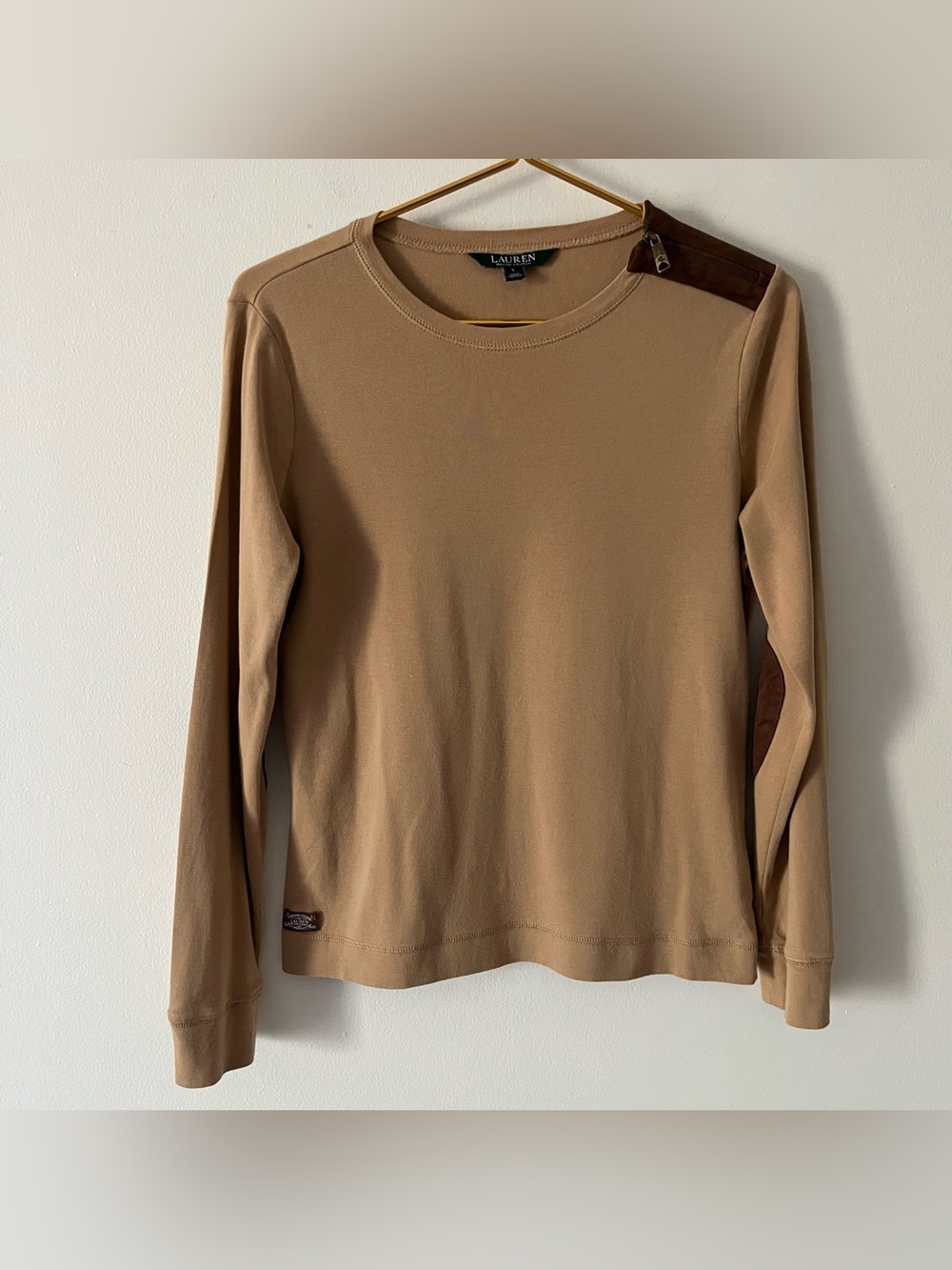 Lauren Ralph Lauren Tan Brown 100% Cotton Top Elbow Patch Equestrian Neutral L